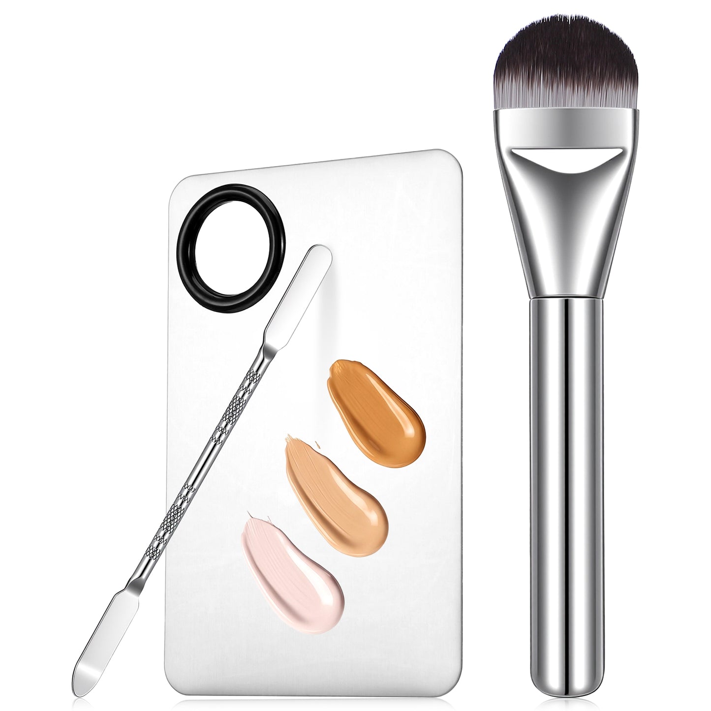 RAHHLIZS Makeup Spatula & Makeup Mixing Palette, 3Pcs Stainless Steel Foundation Spatula Set with Brush, Professional Makeup Palette Tray for Cosmetic Mixing