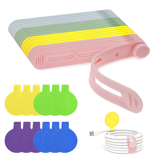 Tyqour 32Pcs Silicone Cable Ties and Reusable Cord Labels Tags Set, 20 Cord Ties for Electronics + 12 Cord Labels for Electrical Cords, Perfect for Home Office Desk Wire Management (Multicolor)
