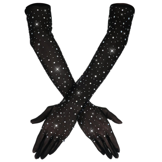 Ymapinc Women's Elegant Long Black Evening Gloves - Rhinestone-Embellished Fishnet Mesh & Lace Detailing for Formal Parties, Opera, Rave, Halloween Costume Accessories