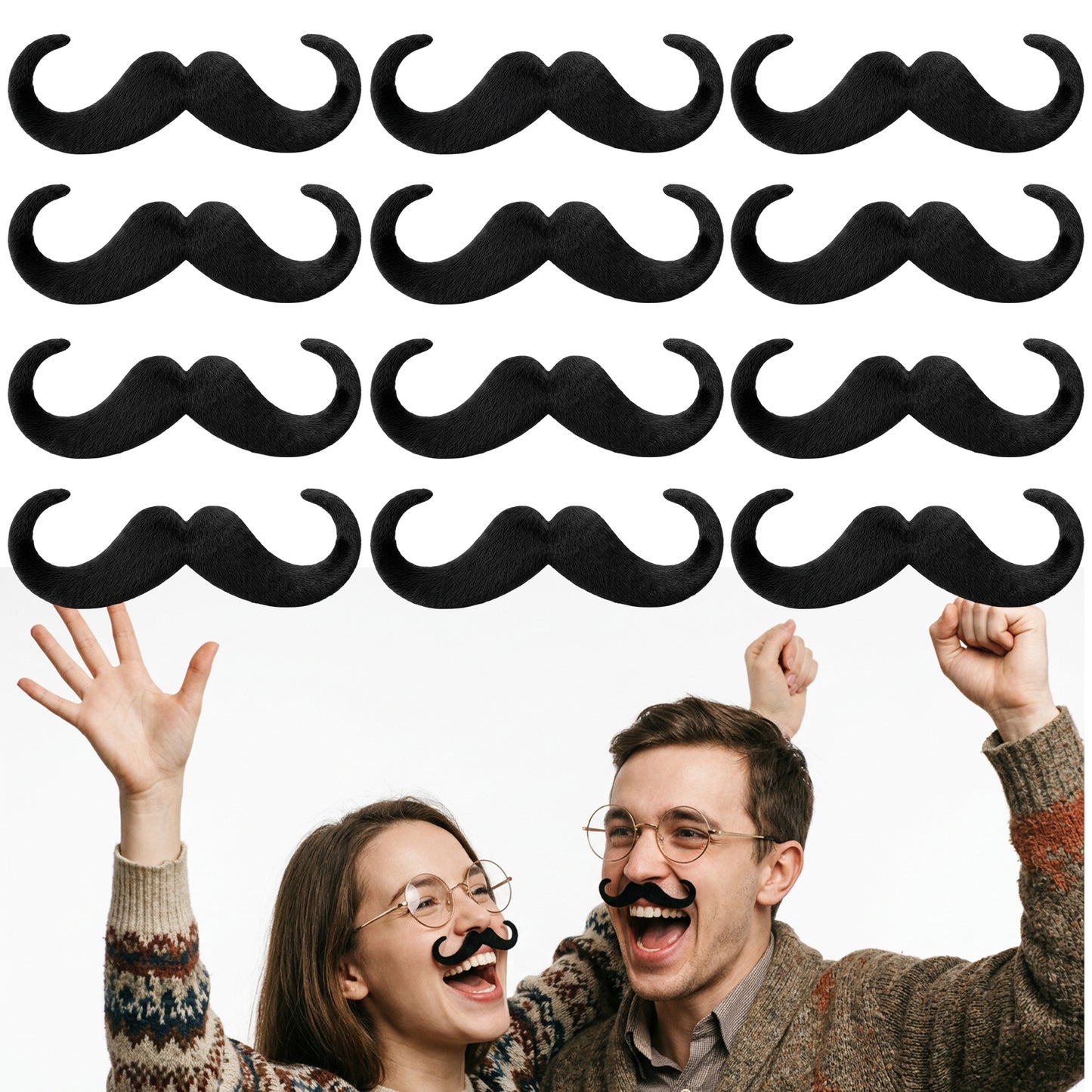 12 Pcs Mustache Stickers Fake Beard Stick on Mustache Self Adhesive for Adults Costume Mustaches Stickers for Cosplay, Halloween, Christmas, Party Supplies, Easy to Apply and Remove