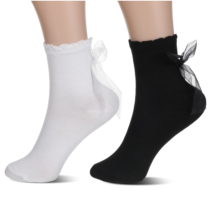 Nogeqi 2 Pairs White Frilly Socks for Women Girls, Black and White Ruffle Socks with Bow, Cute Princess Dress Lace Ankle Sock