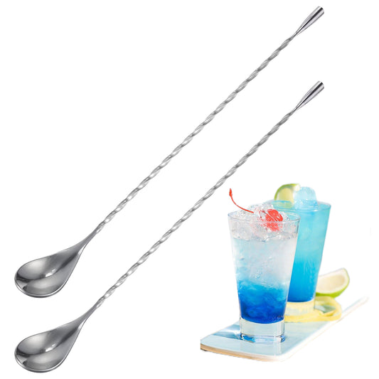2 Pcs Cocktail Stirrers Stainless Steel 11.81 Inch Long Spoon for Drink Stir Mixing Spoon with Spiral Pattern Teardrop End Design for Home Bartender Silver Cocktails Coffee Tea Honey Ice Cream