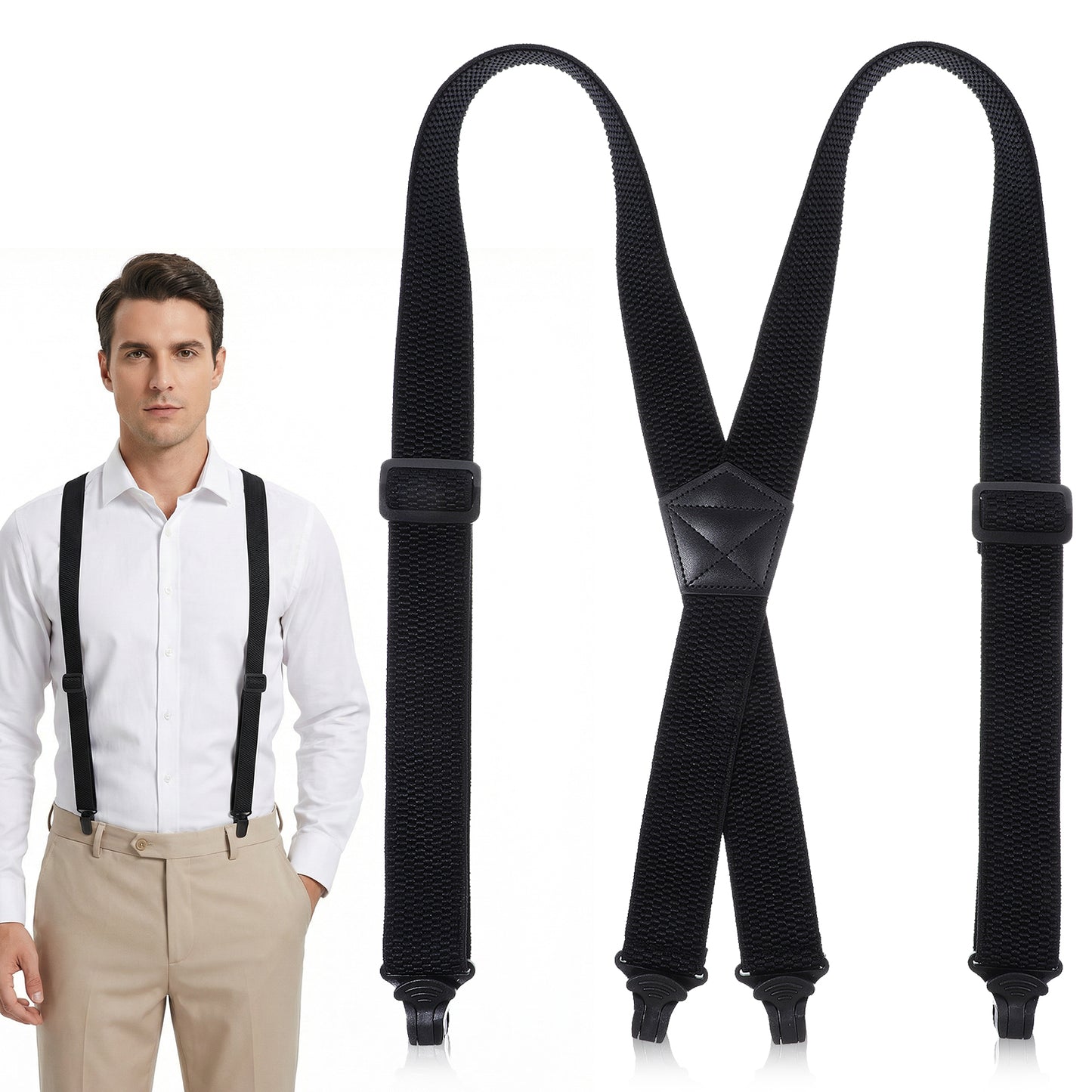 Matwsec Suspenders for Men Heavy Duty Men's Belt Clip Stretch Suspenders for Jeans, Under Clothing Adjustable Black Suspender Men for Work Dress Pants
