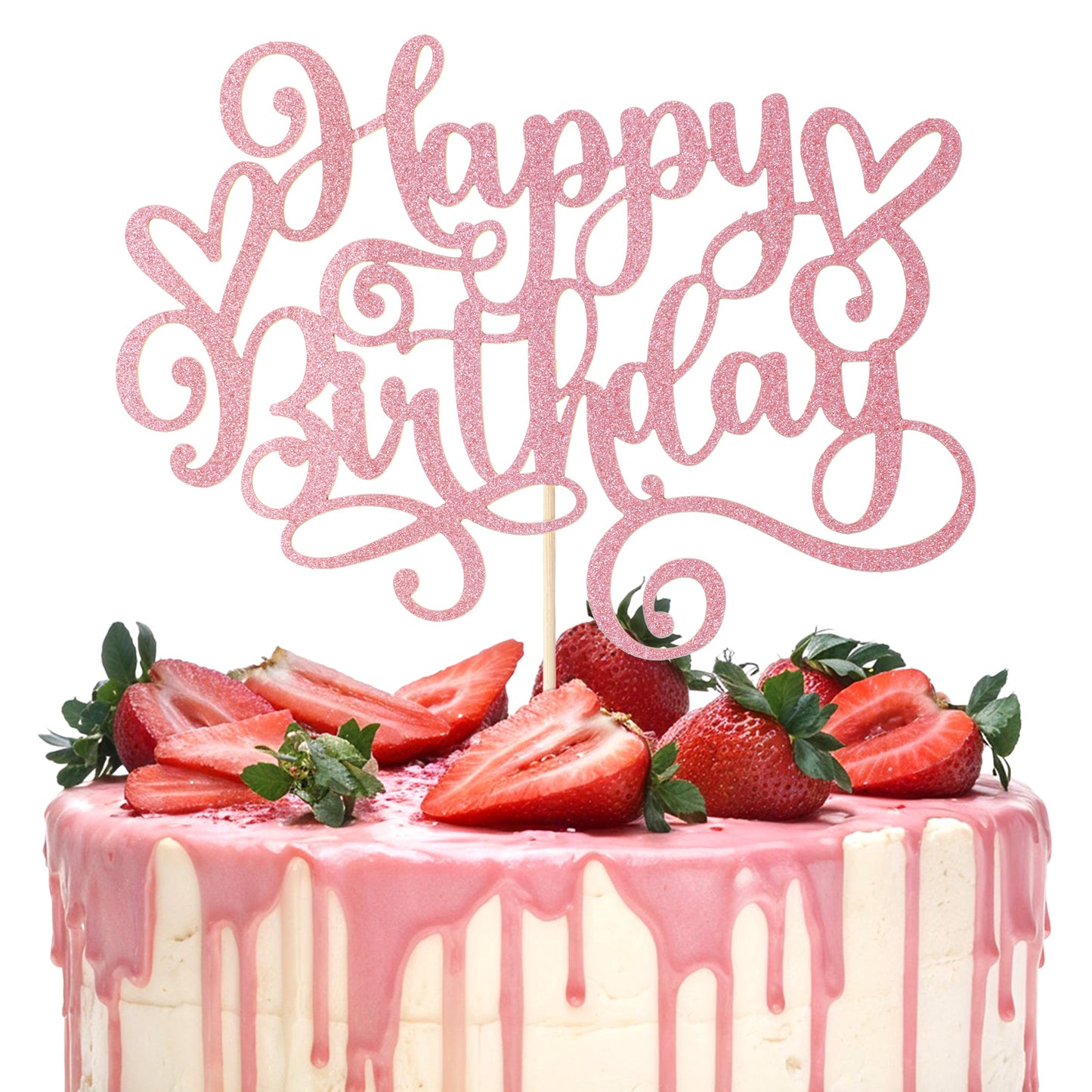 Nogeqi 1Pcs Pink Happy Birthday Cake Topper, Glitter Happy Birthday Cake Decorations for Girls Celebrating Anniversary Theme Party Decorations Supplies