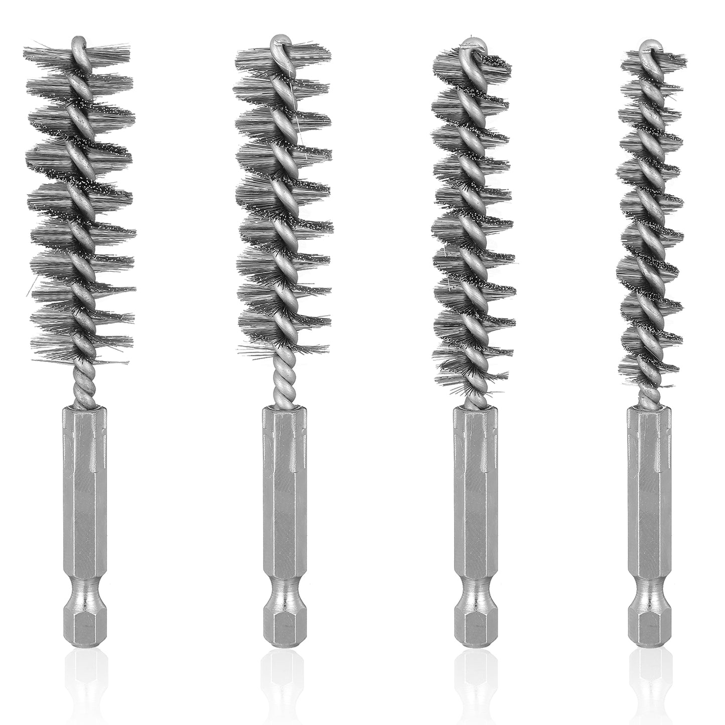 4Pcs Stainless Steel Bore Brush for Drill, Round Wire Brush Set with 1/4" Hex Shank Twisted Wire Bristles for Drill Ports Rust Tubes Bearings Cleaning Parts Attachments(11, 12, 19, 22mm)