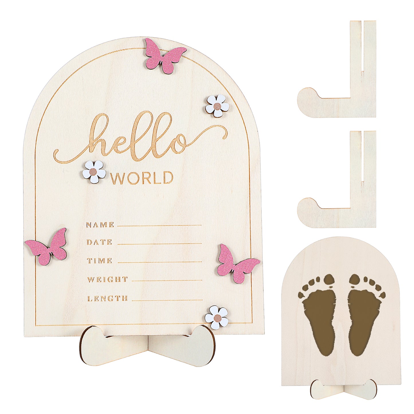 Tyqour Wooden Hello World Newborn Sign Baby Announcement Sign for Baby Showers Pink Butterfly Newborn Birth Announcement Board for Hospital Nursery with Photo Frame And Stand