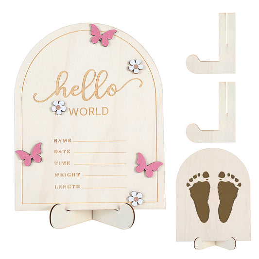 Tyqour Wooden Hello World Newborn Sign Baby Announcement Sign for Baby Showers Pink Butterfly Newborn Birth Announcement Board for Hospital Nursery with Photo Frame And Stand