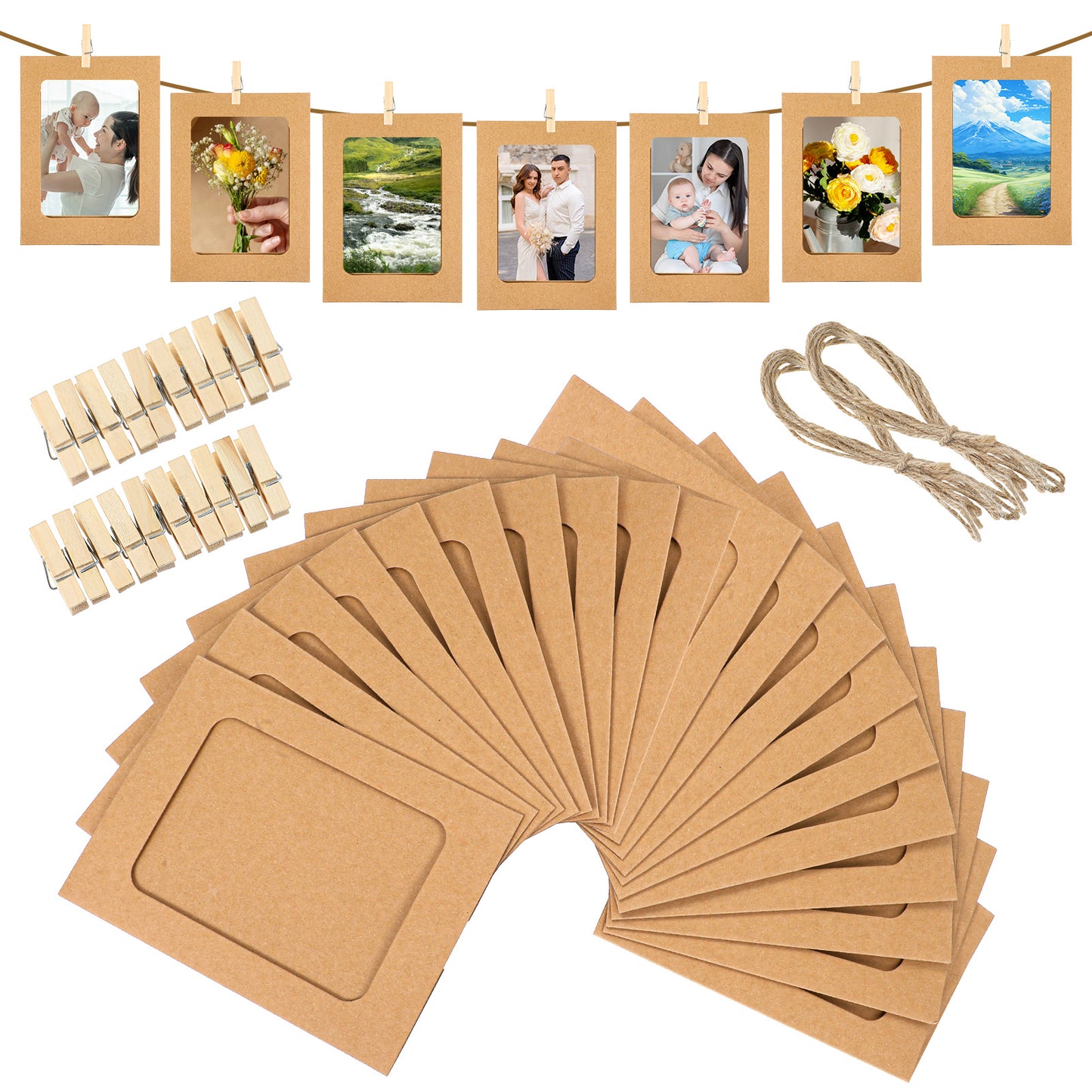 20 Pcs Paper Picture Frames 4x6, Hanging Photo Display Banner with Clips for Party, Paper Frame Banner Picture String for Wall Decor, DIY Photo Holder for Party Wedding Home Office Decor