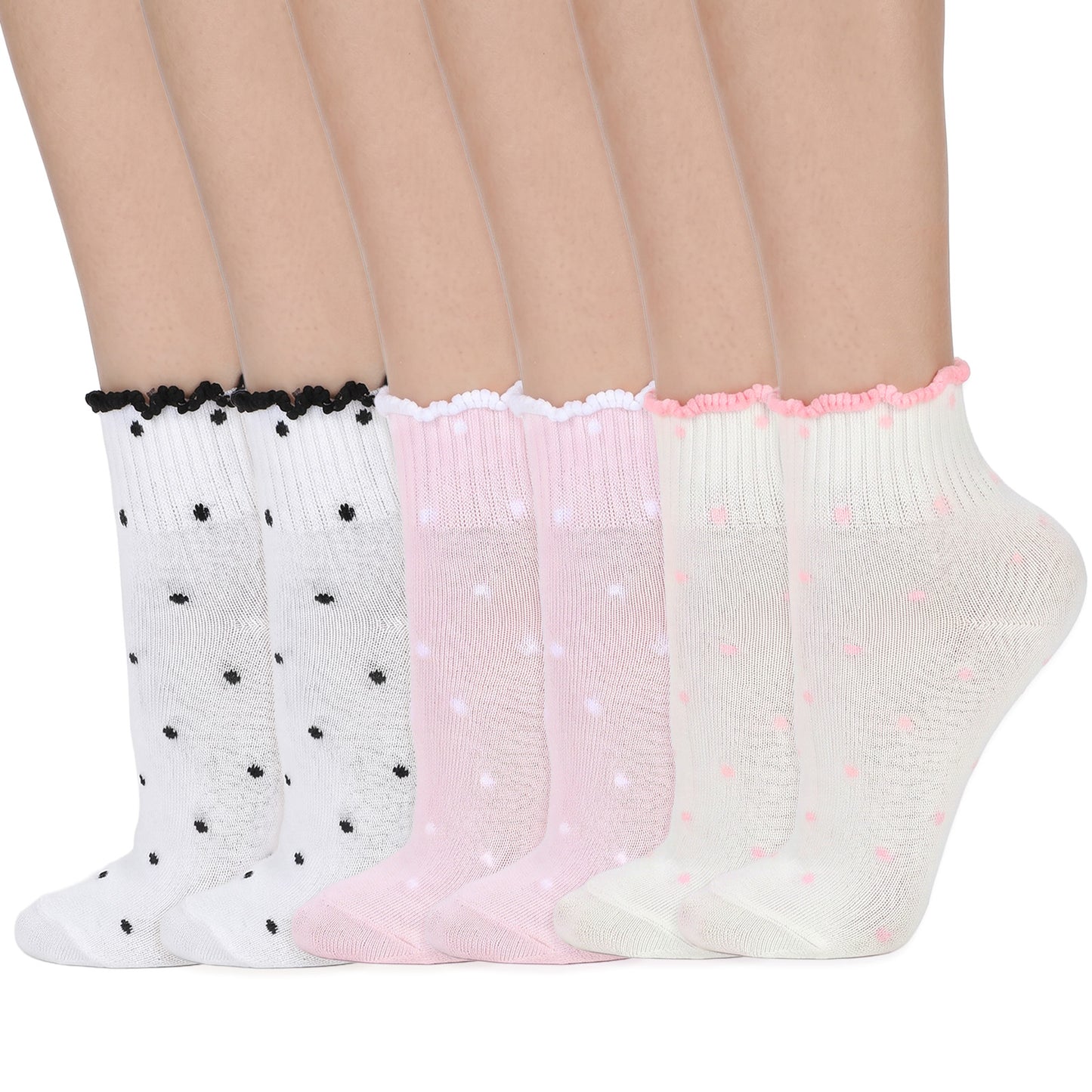 Mabor 6 Pairs Polka Dot Socks for Women, Women's Cute Ruffle Ankle Socks, Aesthetic Pretty Crew Cotton Frilly Casual Sock for Teen Girls