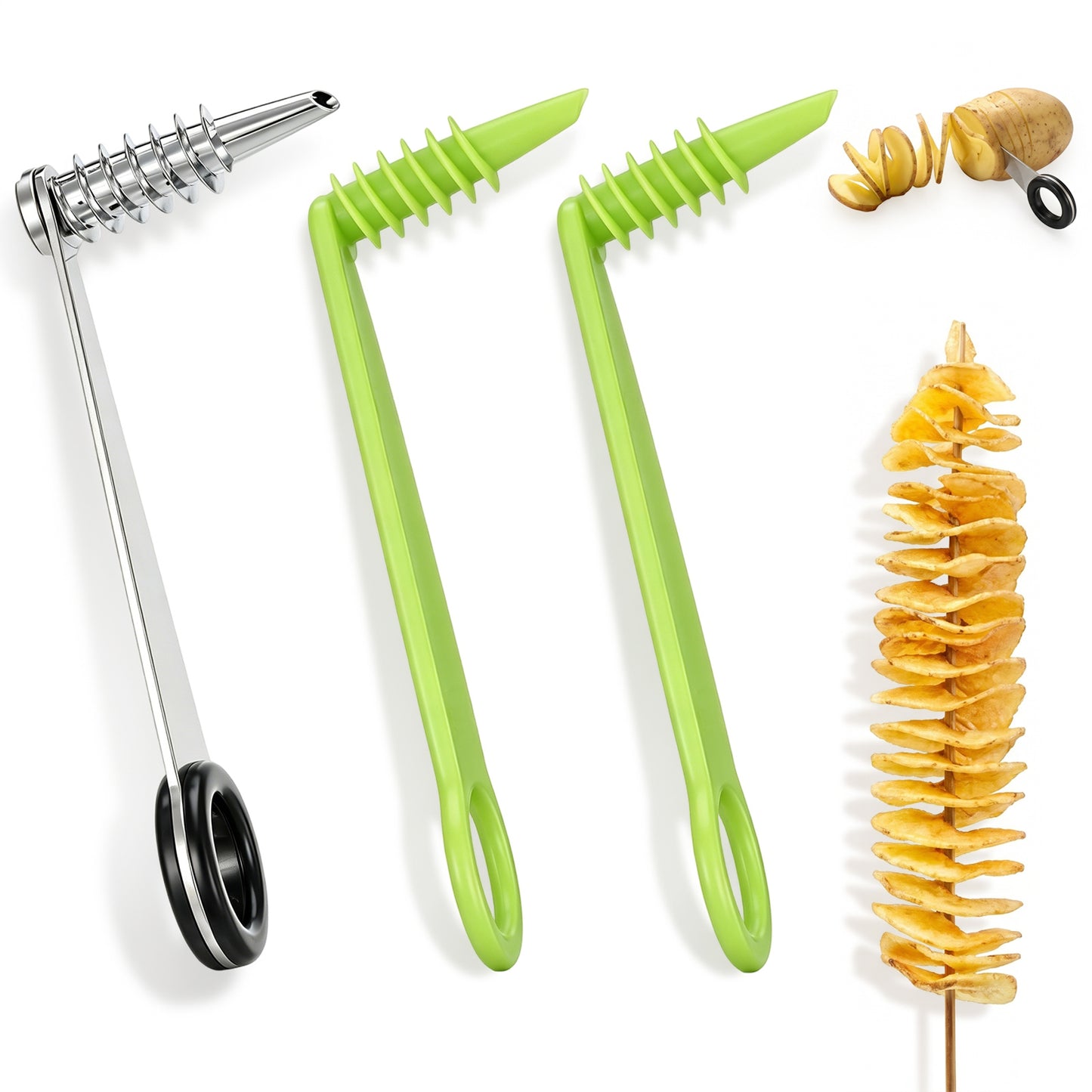 RAHHLIZS 2 PCS Potato Spiral Cutter Stainless Steel & Plastic Piranha Spiral Cutter Manual Screw Slicer Kitchen Spiralizer Tool for Potatoes Cucumbers Carrots Fruits Vegetable