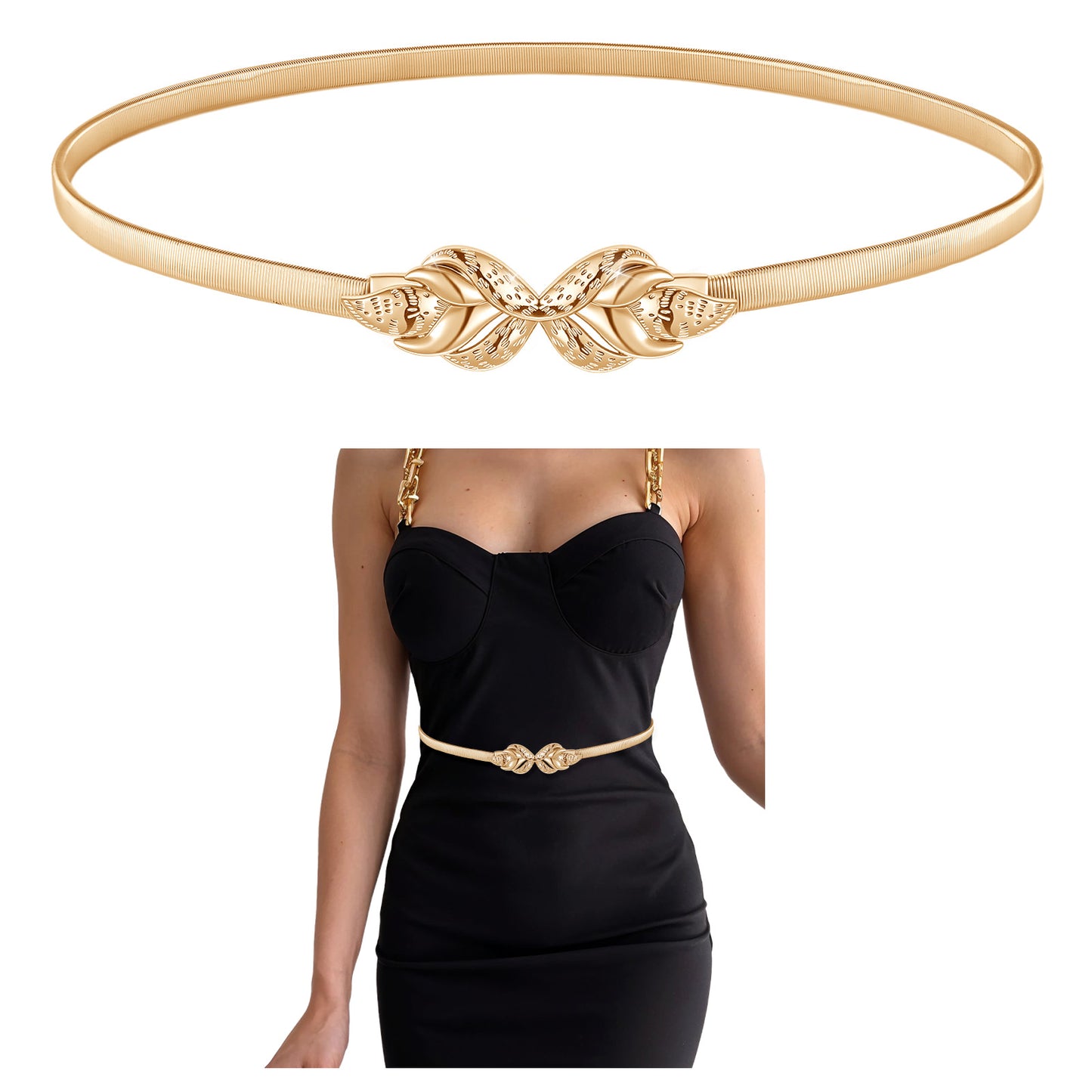 Teaaha Gold Thin Belt Women's Skinny Metal Waist Belt Silver Elastic Stretchy Chain Belts Dressy Belts for Women Evening Dresses