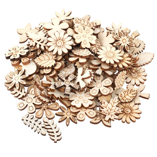 100 Pcs Wooden Flower and Leaf Pattern Cutouts for Crafts, Mini Unfinished Wood Pieces for DIY Jewelry, Home Decor, and Ornaments