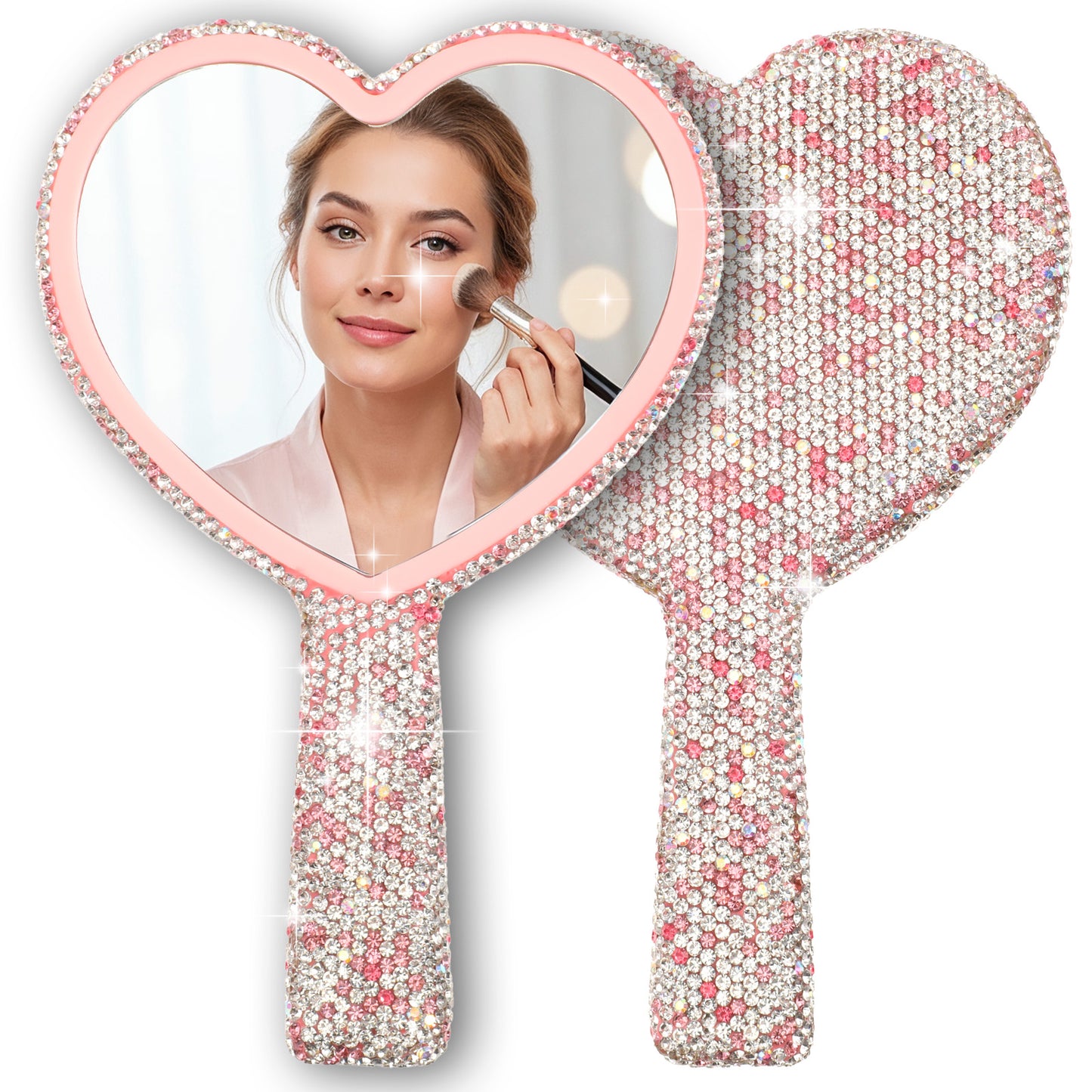 Mabor Rhinestone Handheld Mirror, Portable Lash & Makeup Mirror with Handle for Travel and Daily Use, Pink