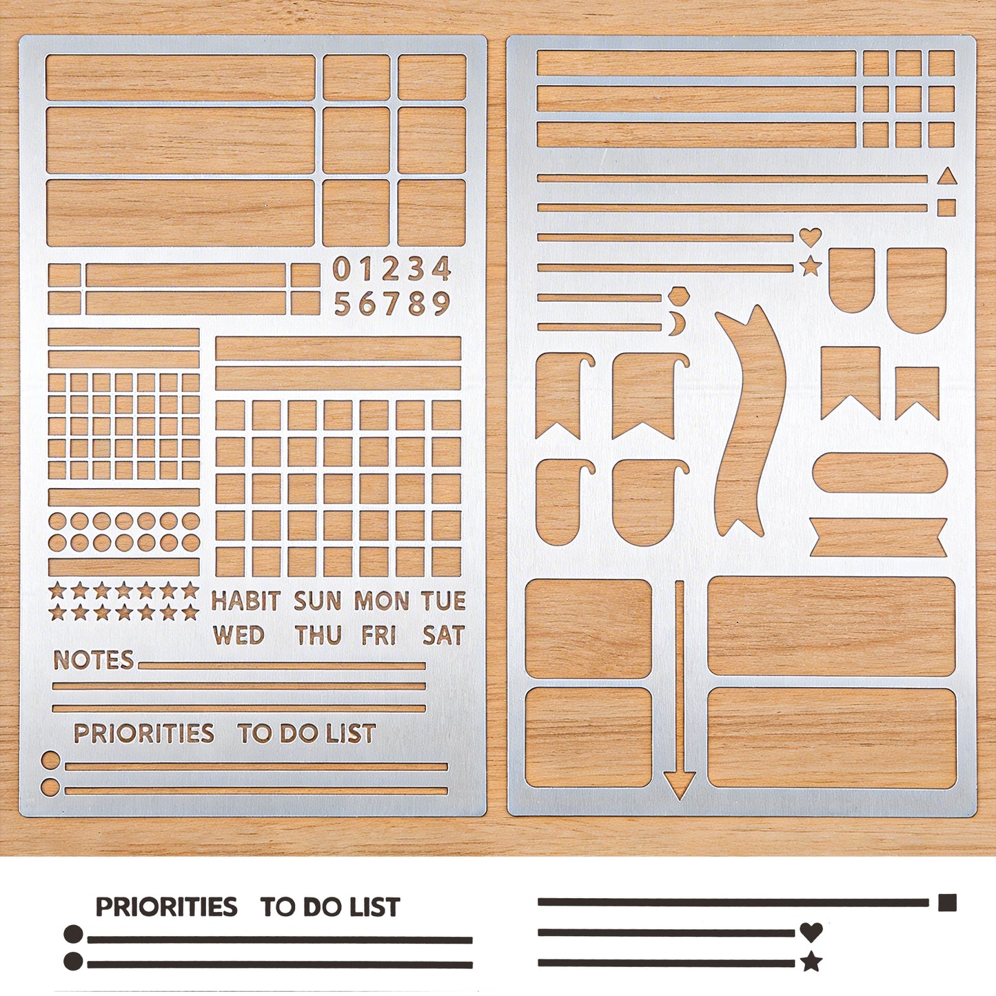 2pcs Metal Journal Stencils Supplies, Reusable Stainless Steel Planner Stencil Templates for Journaling DIY Scrapbooking, Habit Tracker, Weekly Spread, A5 Notebook Decoration