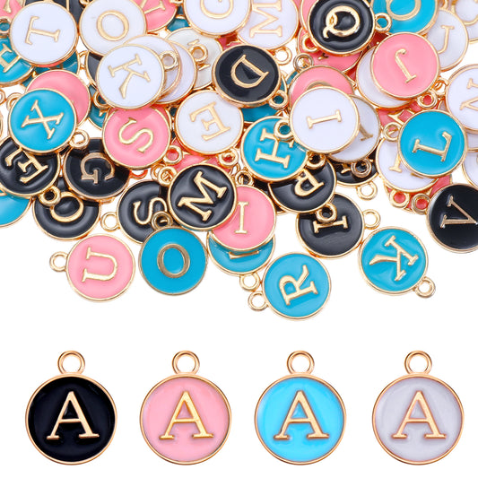 Teaaha 104PCS Letter Charms for Jewelry Making, Double Sided Alphabet Charms Initial Metal Letter Charms for Bracelets, Necklaces, Earrings, DIY Craft Jewelry (Pink, White, Blue, Black)