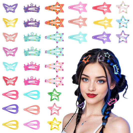 Tyqour 36Pcs Colorful Hair Clips For Girls, No Slip Cute Hair Snap Clips, Candy Color Star Barrettes,Butterfly Clips For Girls,Crown,Heart Shaped Hairclips For Girls Toddlers Kids Teens Women