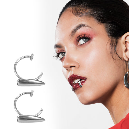 Ymapinc 2-Piece Stainless Steel Fake Lip Ring Piercing Vampire Fang & Wolf Tooth Gothic Jewelry Set Non-Piercing Clip-On Fangs for Women & Men Halloween Cosplay Accessories