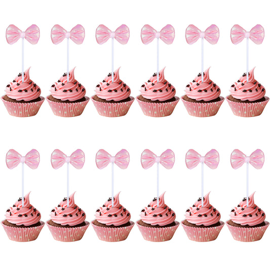 Tyqour 20PCS Pink Bow Cupcake Toppers Birthday Decorations, Bow Cake Topper Decorations for Baby Shower, Bridal Shower, Wedding, and Girl's Birthday Party Supplies(Dark pink)