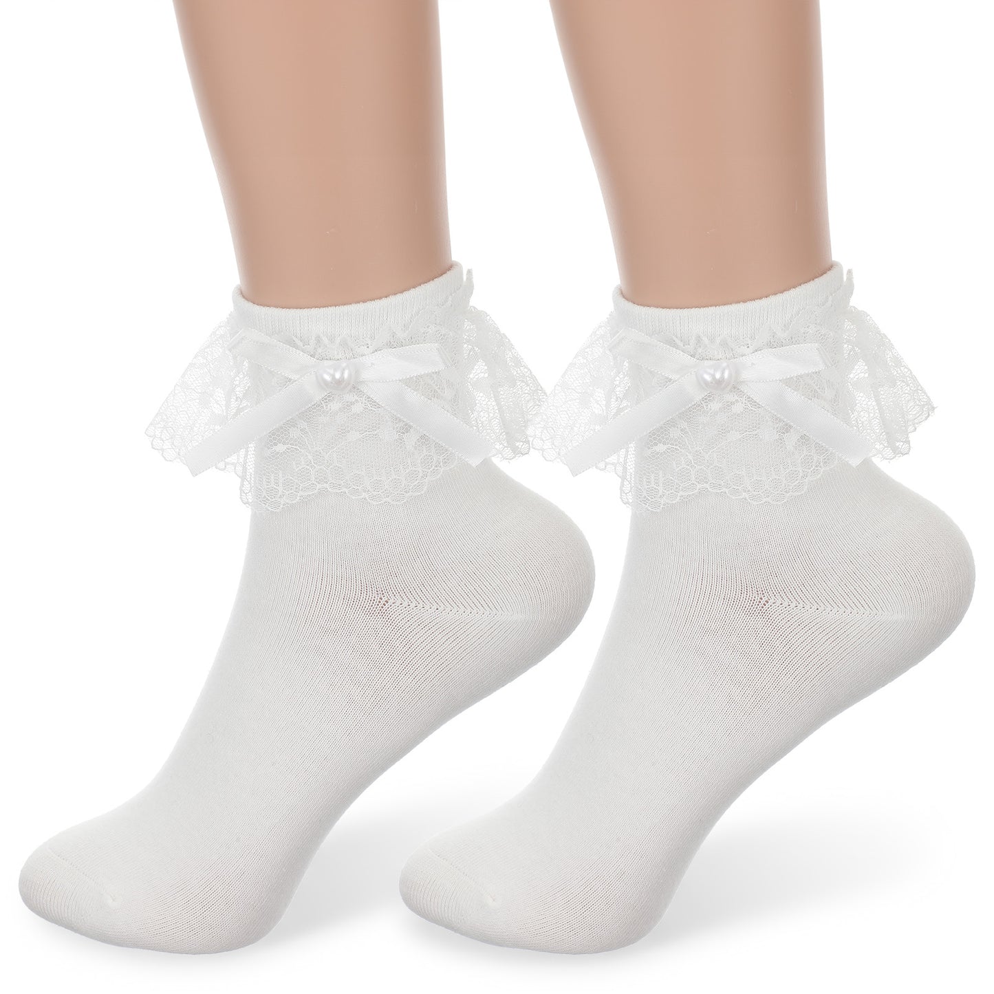 Matwsec 1 Pair Lace Ruffle Socks for Women Cute White Frilly Socks Soft Lolita Ankle Socks with Bow Breathable Thin Cool Women's Ruffled Socks for All Seasons
