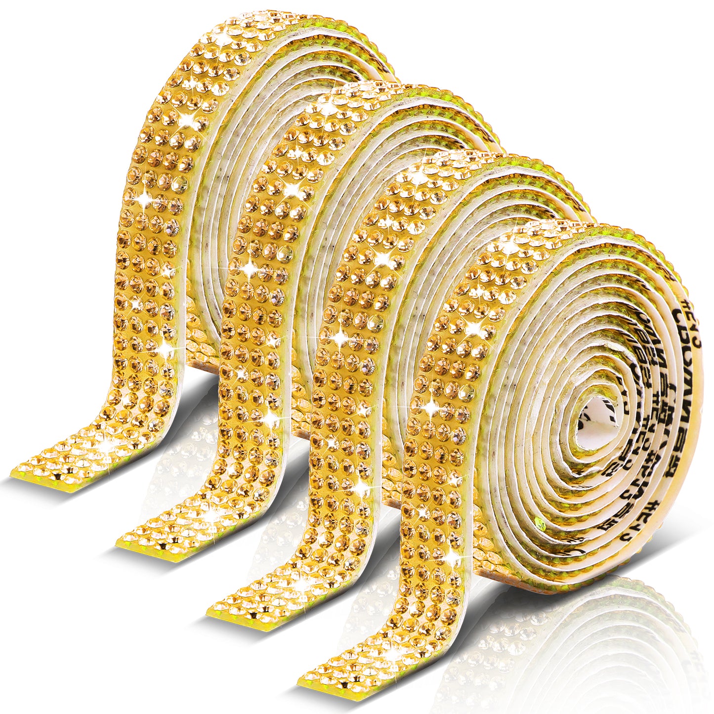 Ymapinc 4Pcs Gold Rhinestone Trim Self Adhesive Rolls, Bling Diamond Stickers, Shiny Strap Tape for Glass Ceramics DIY Crafts Decor Phone Case Clothes Shoes (0.9cm*90cm,4 Rows per Roll)