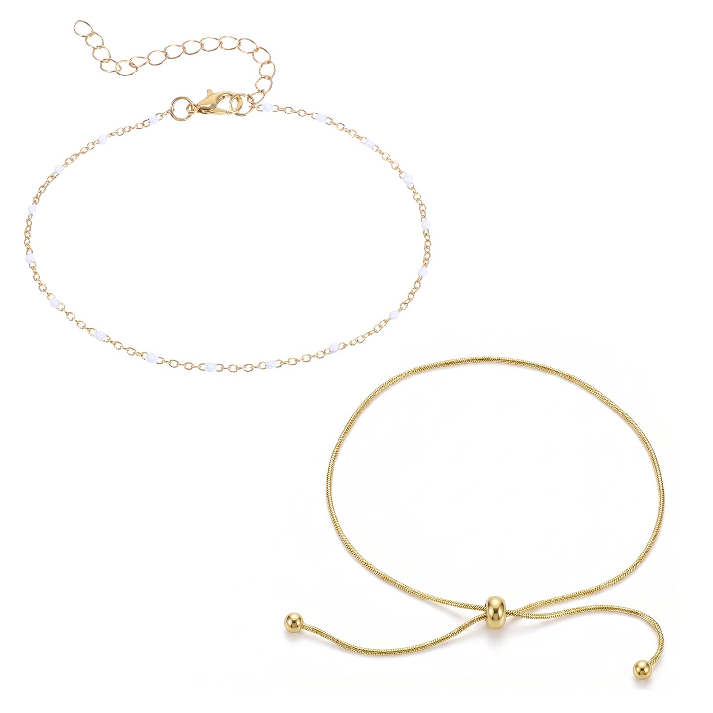 RAHHLIZS 2PCS Double Layer Gold Beaded Anklet Bracelet,Wear Separately
