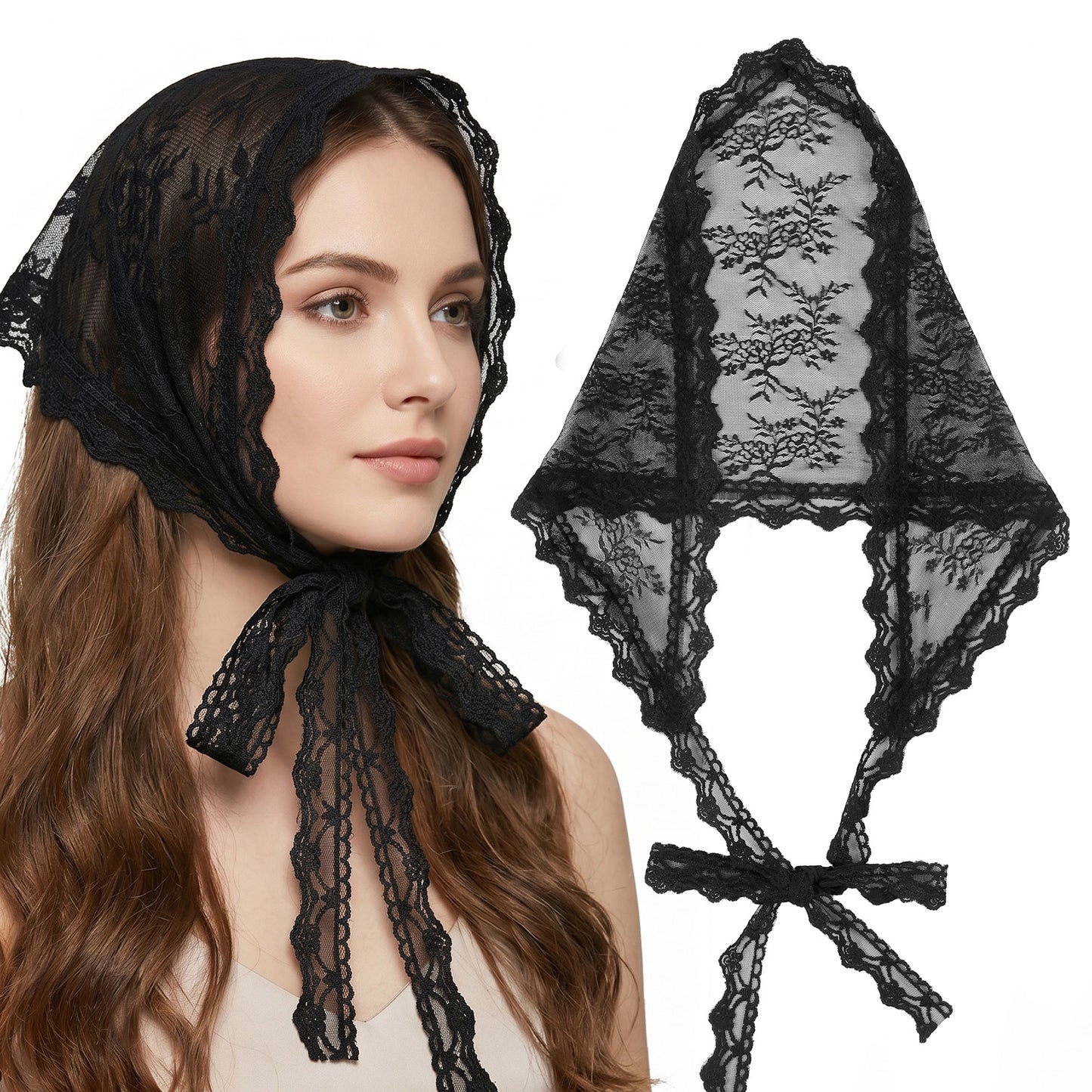 Lace Triangle Head Scarf For Women - Veil Black Mantilla Catholic Veil, Black Lace Scarf Mass Veils Head Covering Chapel Veils Vintage Triangle Cover Up Hair Scarfs for Bridal Women