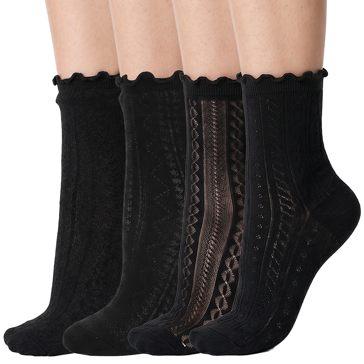 RAHHLIZS 4 Pairs Black Lace Socks Mesh Ruffle Socks Ultra Sheer Thin Dress Sock Breathable for Everyday Wear Frilly Ankle Sock