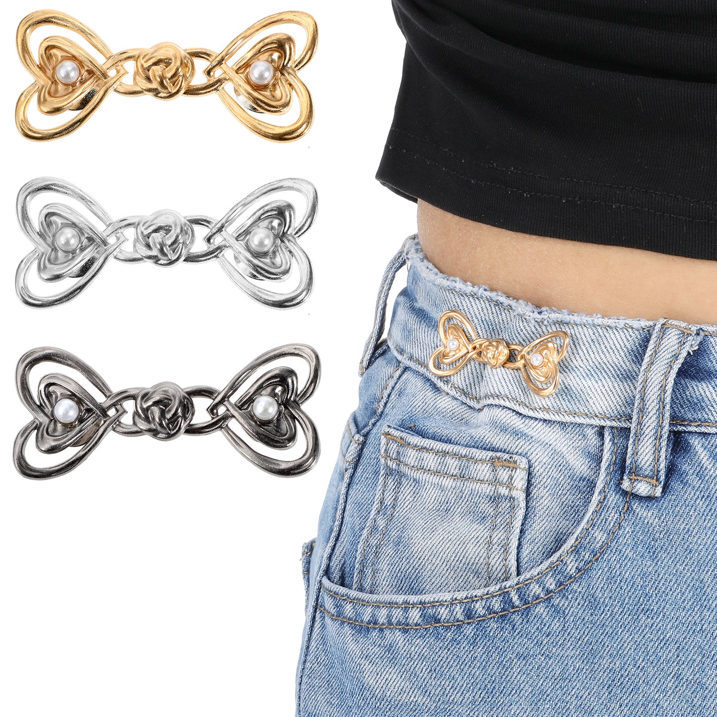 Mabor 3 Set Pant Waist Tightener Heart Waist Adjuster for Loose Pants Jeans to Make Smaller Adjustable Pearl No Sew Pants Clips, No Sewing Decoration Accessories