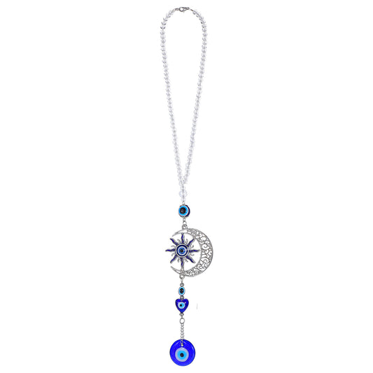 Xinjoduz 1 PCS Evil Eye Car Hanging Ornament, 16.5 Inches Blue Evil Eye Decor with Moon and Sun Evil Eye Beads Charm Pendant Crystal Car Rear View Mirror Accessories for Window Car Door Frame Balcony