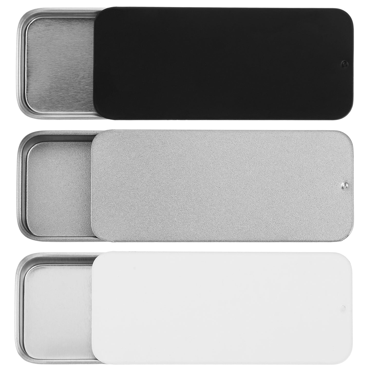 3 PCS Mini Metal Tin Box Containers, Slide Top, Rectangular, Small Metal Tins for Jewelry, Crafts, Candies, Portable Storage Tin Box, Silver, Black, White