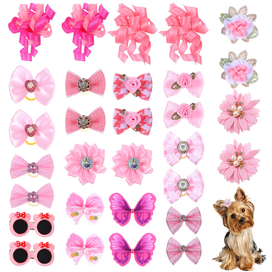 30 Pcs Light Pink Small Dog Hair Bows With Rubber Bands Cute Bulk Puppy Dog Hair Bows Handmade Flower Ball Bowknot Top Knot For Holiday Daily Small Dogs Girl Hair Accessories Gift