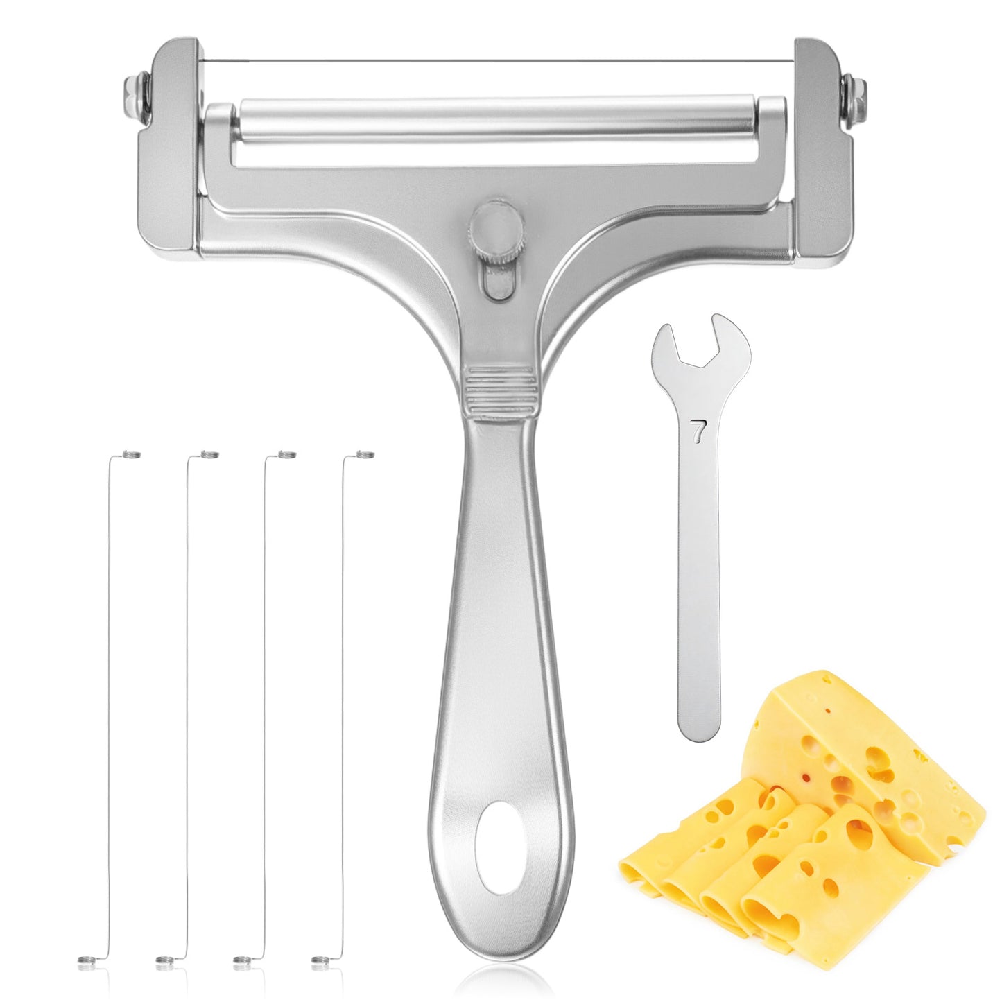 Teaaha Cheese Slicer Wire & Cheese Cutter, Adjustable Stainless Steel Handheld Cheeses Cutters with 4 Extra Wires & Wrench, Butter Slicers Food Shaver for Block Butter Cutter Tools(Silver)