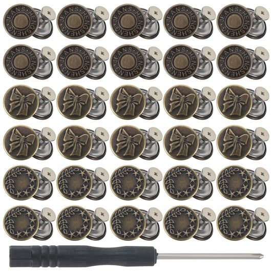30 Pcs 17mm Jeans Button Replacement Instant No Sew Buttons for Pants Removable Metal Pant Buttons Tightener Adjustable Button Replacement Kit with Threads Rivets and Screwdriver Women Bronze