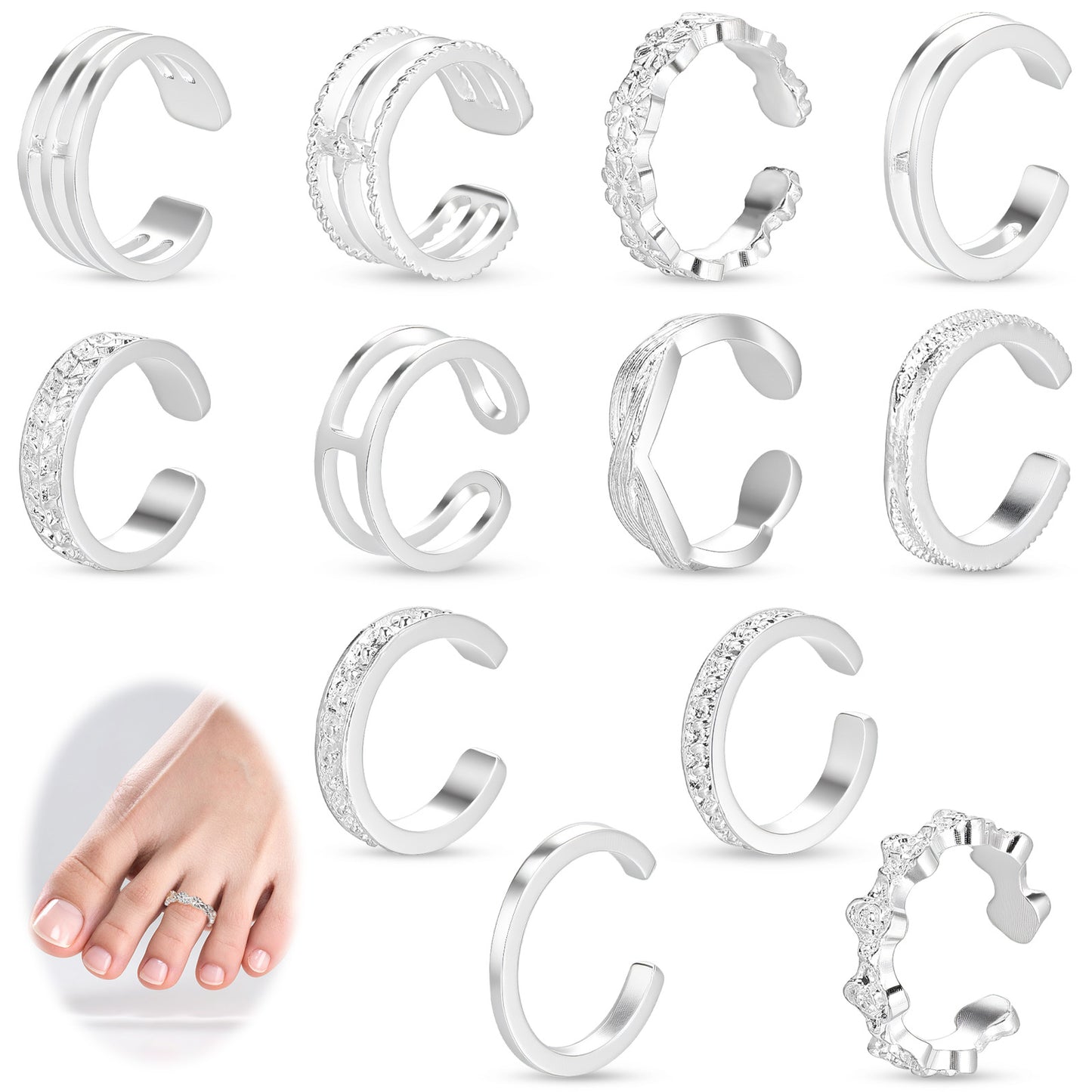 Tyqour 12pcs Silver Toe Rings for Women Summer Adjustable Toe Rings Set, Simple Style Beach Foot Jewelry Set