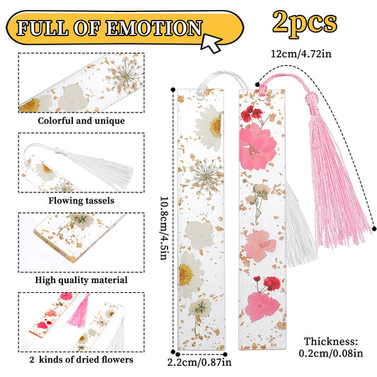 Tyqour 2 Pack Flower Bookmark Clear Resin Dried Flower Bookmark Kit, Bookmark with Tassel, Book Accessories for Reading Lovers, Bookmarks for Women Girls Gift