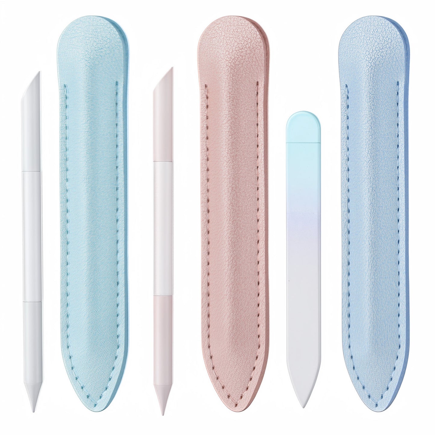 3 PCS Glass Cuticle Pusher Tool with Leather Case, Dual Ended Cuticles Remover Tool Glass Manicure Stick, Fingertip Precision Filing Cuticles Remover Tools, Nail Cuticle Trimmer (Clear, Pink, Blue)