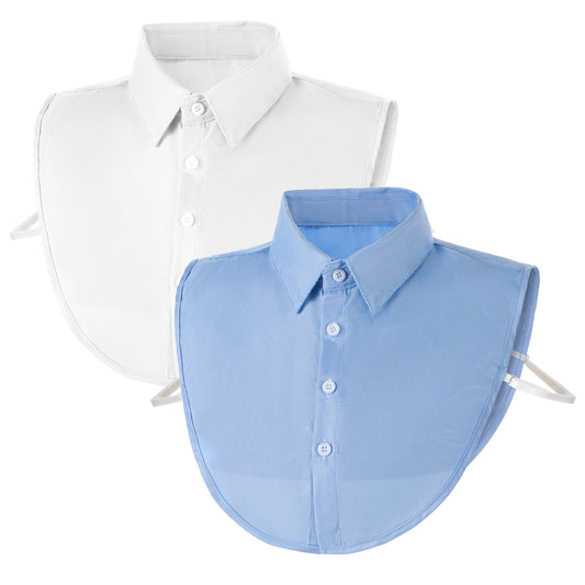 2PCS Fake Collars for Women Blouse, Cute White Button up Detachable Dickey Collar Faux False Collar Half Shirts, Kawaii Clothing Accessories for Women Graduation Daily Wear (White/Blue)