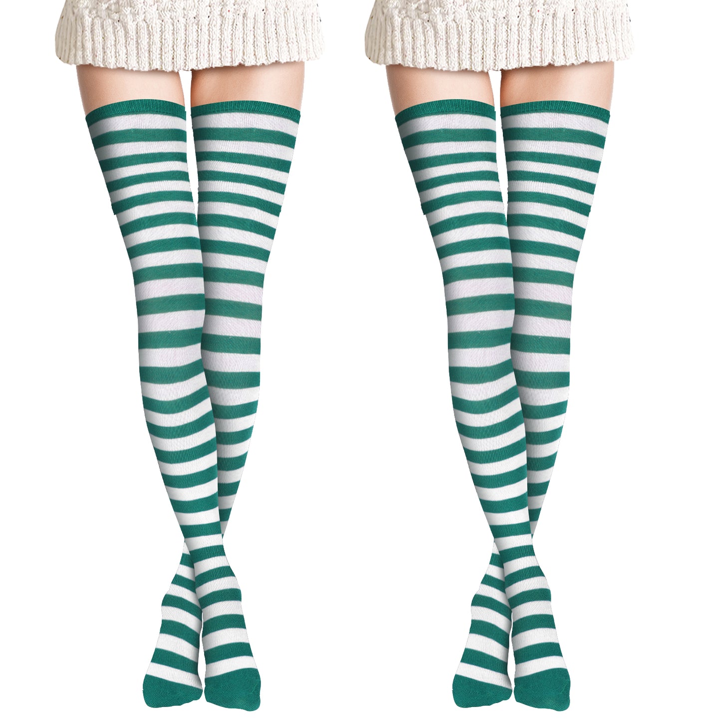 Ouligay 2 Pair Green and White Striped Knee High Socks for Women, Christmas Striped Thigh High Socks, Holiday Long Striped Socks Knee High Stripe Socks for Women Costume Party