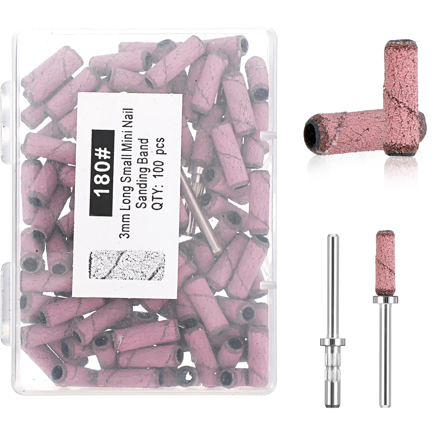 Tyqour 102 Pcs 180 Grit Small Nail Drill Sanding Bands with 2pcs Mandrel Bit, Mini Sanding Bands for Nail Drill for Acrylic Nails Gel Removing Shaping Professional Manicures and Pedicure, Pink