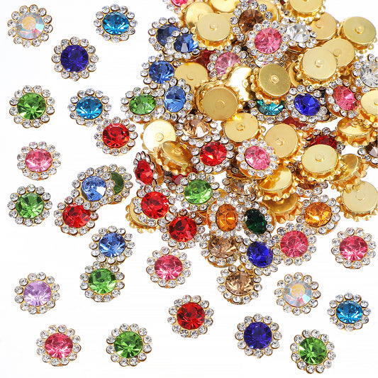 100PCS 12mm Sew on Rhinestones for Clothes, Mixed Wedding Crystals Glass Metal Base, Flower Claw Gems Embellishments Jewels for Crafts DIY Clothes Shoes Earring Belt Crafts Sewing Accessories
