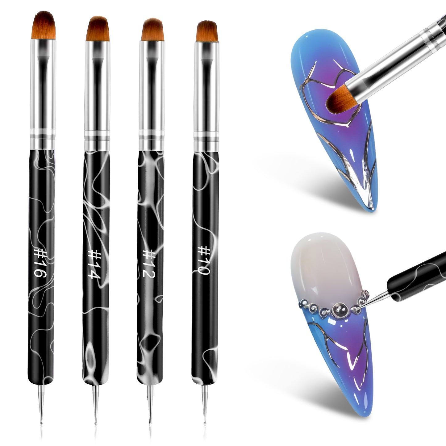 4 Pcs Acrylic Nail Art Brush with Dotting Tool, Dual-Ended French Gel Brush Builder Gel DIY Acrylic Nails Design Tool for Professional Manicure, Nail Clean Up Design, Black Handle