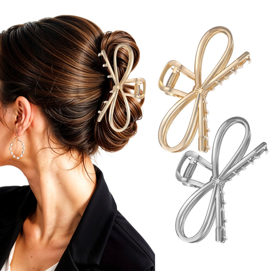 2Pcs Metal Bow Claw Hair Clips for Women Elegant Gold & Silver Strong Hold Metal Bow Clips Accessories for All Hair Types