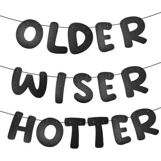 Ymapinc Older Wiser Hotter Banner Funny NO DIY Happy Birthday Banner for Women 30th 40th 50th 60th 70th 80th Birthday Party Decorations Sign Birthday Gift (Black)