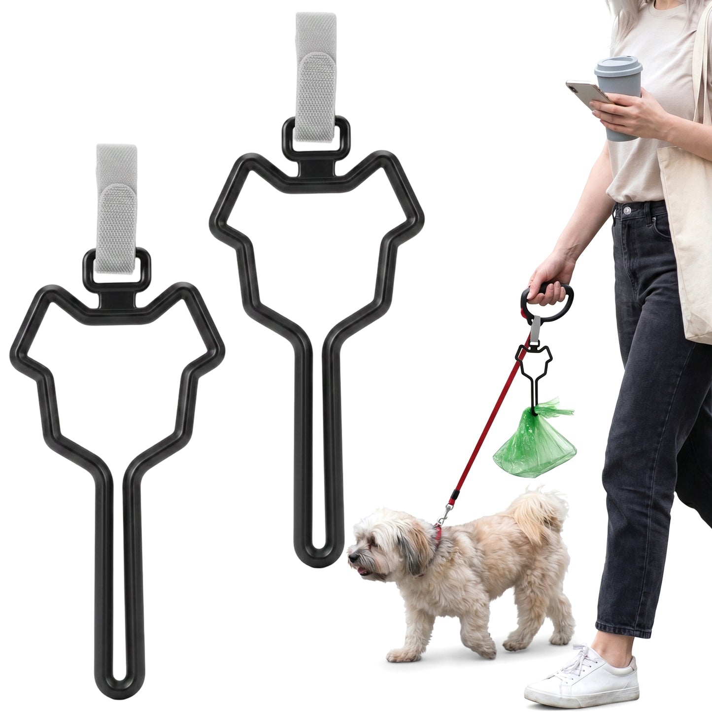 2 Pcs Dog Poop Bag Carrier, Hands-Free Waste Bag Holder for Leash and Bicycle, Secure Poop Bags Dispenser for Dog Outdoor Walking and Running, Black