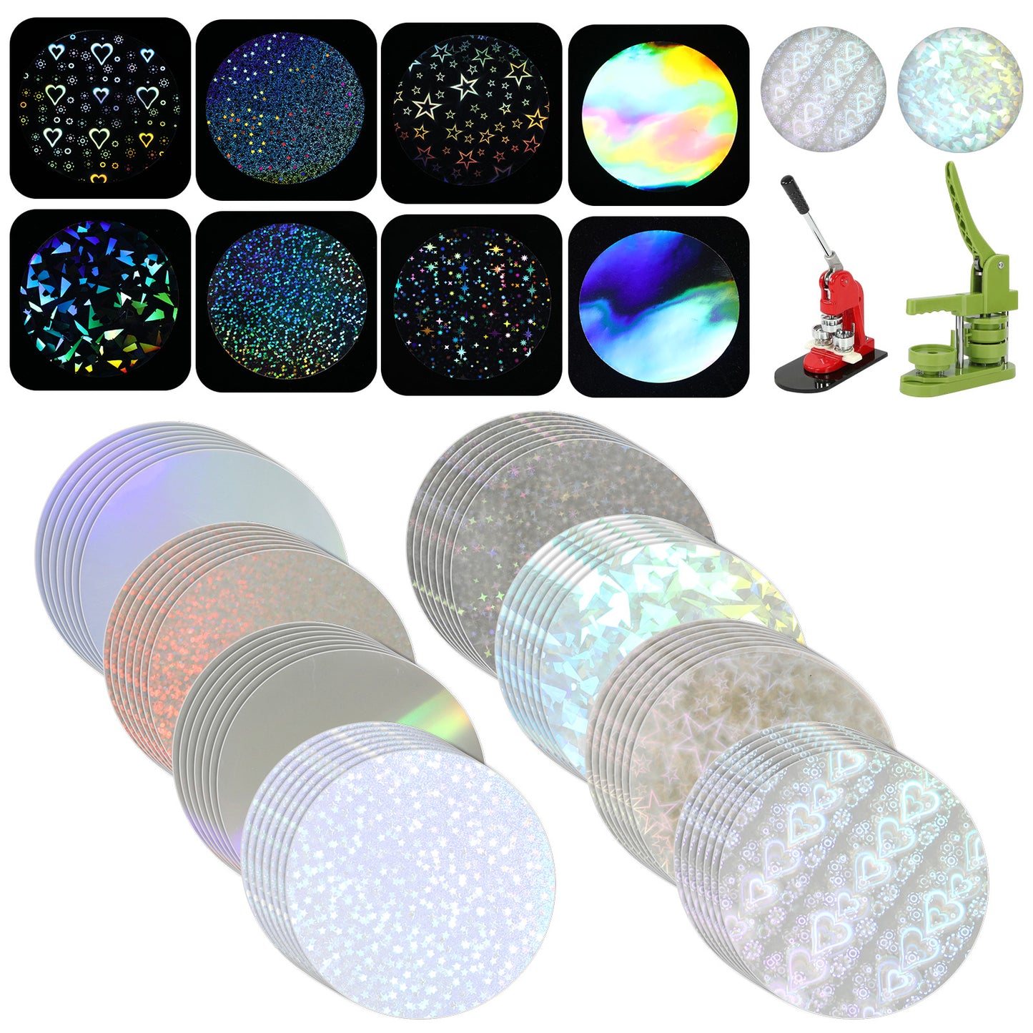 Rahhlizs 200 Pcs Badge Protective Film 70mm(2.76 In) 8 Styles Holographic Glitter Button Maker Supplies Suitable for 2.25 Inch 58mm Button Maker Machine, Arts Crafts Supplies