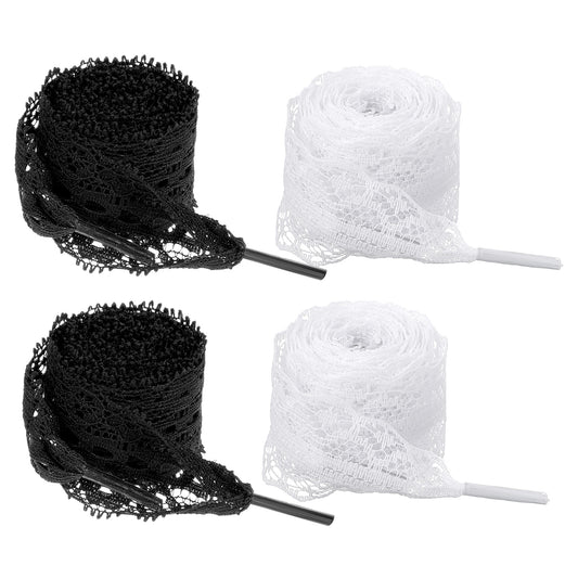 Teaaha 2 Pair 3cm Wide Lace Shoelaces Ribbon Shoe Laces for Sneakers, Fancy Hollow Flat Shoe Strings 47" Long for Women(White/Black)