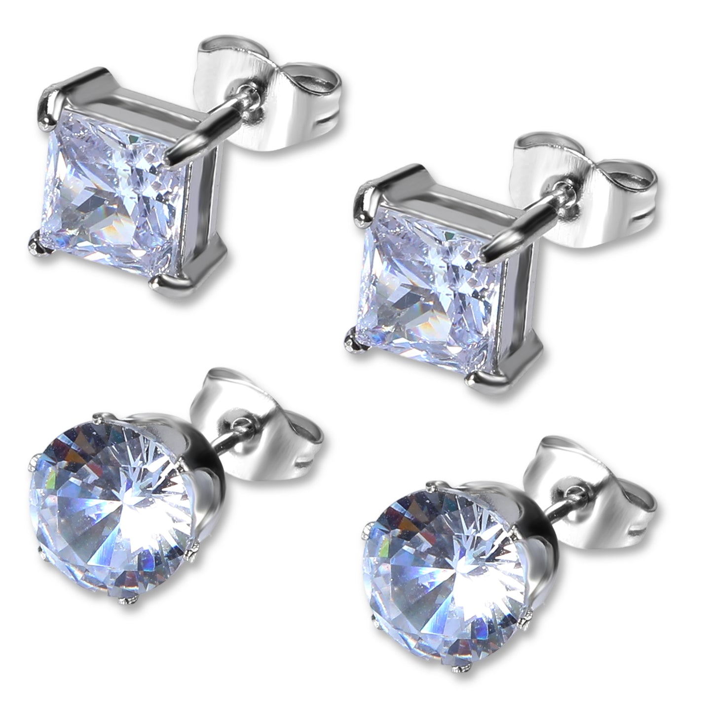 2 Pairs Earrings Studs, Mabor Small Plated Tiny Earrings Set - CZ Stud Earring in Square, Round & Teardrop Shape - Anti-sensitive for Women & Men (Silver Color)