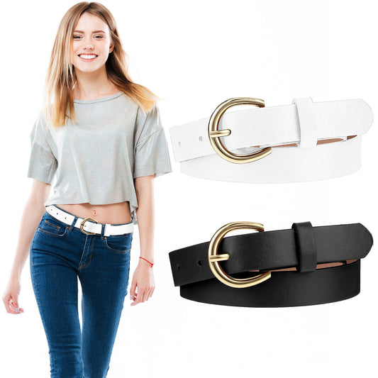 2 PCS Girls Belt 82cm Elastic Leather Kids Belt, Exquisite Comfortable Skinny Strappy Waist Belt with Double O Ring Buckle (Black/White)