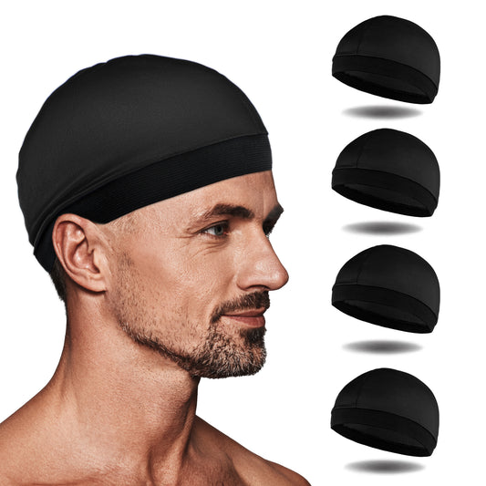 Tyqour 4pcs Silky Wave Cap for Men Stocking Caps for Men Silk Cap for Sleeping Cap for Men Satin Durag Unisex Adults Soft Breathable Stain Caps Black