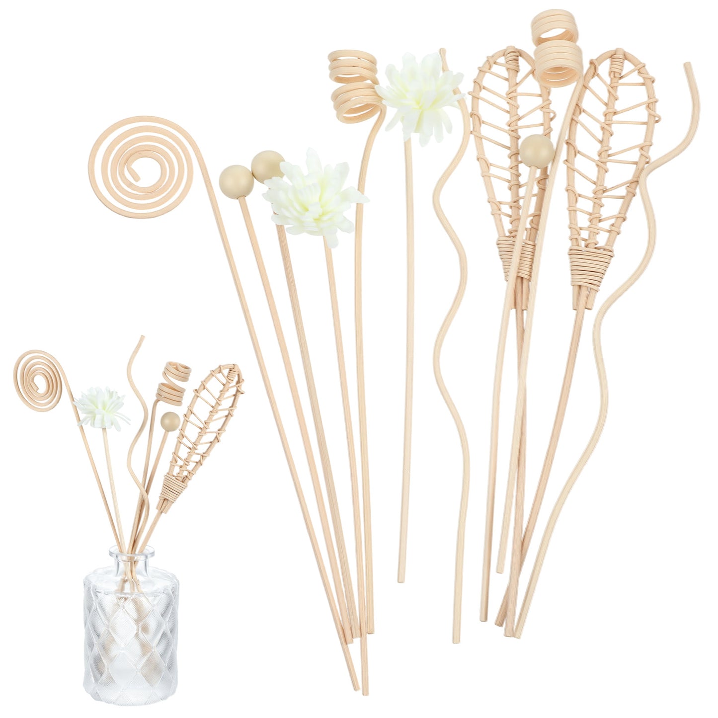 12 PCS Reed Diffuser Stick Rattan Flower Reed Fragrance Diffusers Set, 6 Style Natural Rattan Wood Oil Diffuser Sticks Replacement Refill Sticks for Living Room, Bathroom, Bedroom, Office, Home Decor
